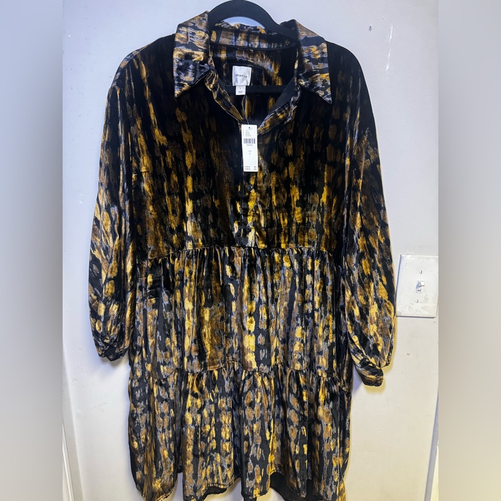 Maeve Bettina Tiered Shirt Dress Velvet Edition Anthropologie Gold/Brown Size L - Picture 5 of 9
